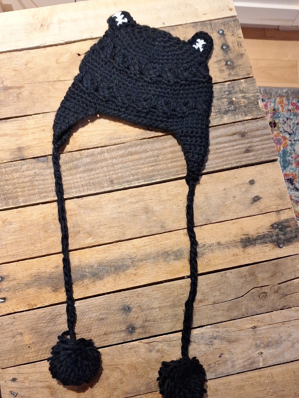 Black Knit Earflap Pom Pom Hat - Women Accessories